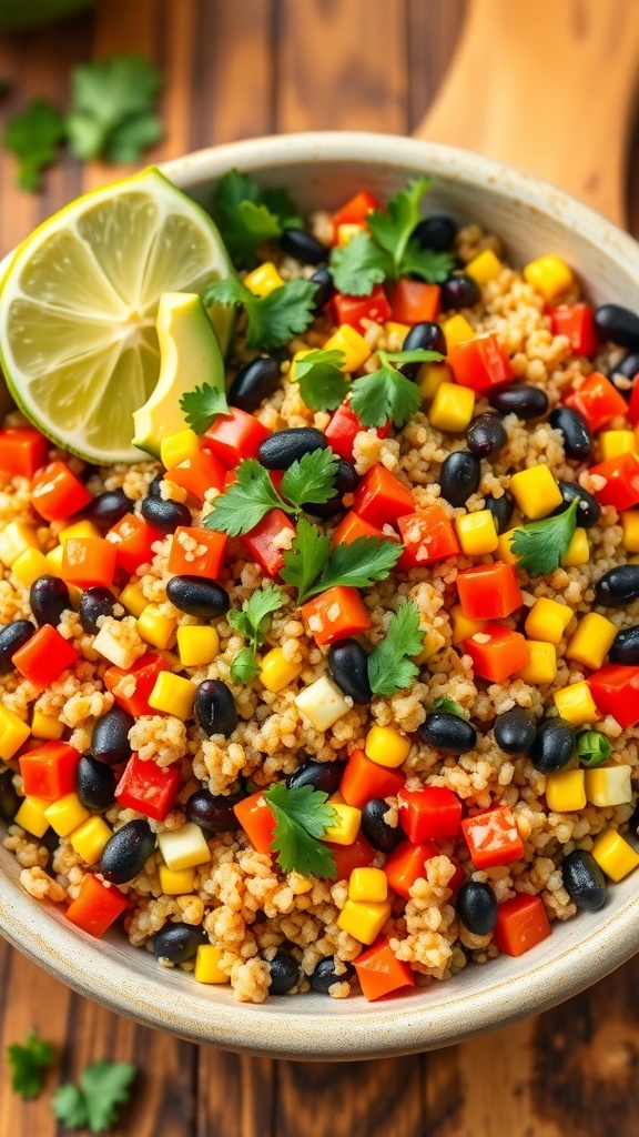 Southwest Quinoa Salad Recipe A vibrant Southwest quinoa salad with bell peppers, black beans, corn, and avocado, garnished with cilantro on a wooden table.